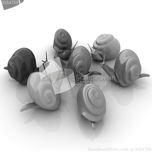 Image of 3d fantasy animals, snails on white background 