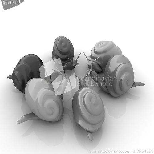 Image of 3d fantasy animals, snails on white background 