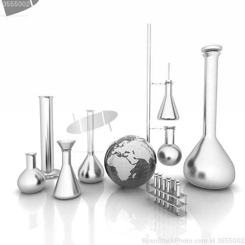 Image of Chemistry set, with test tubes, and beakers filled with colored 