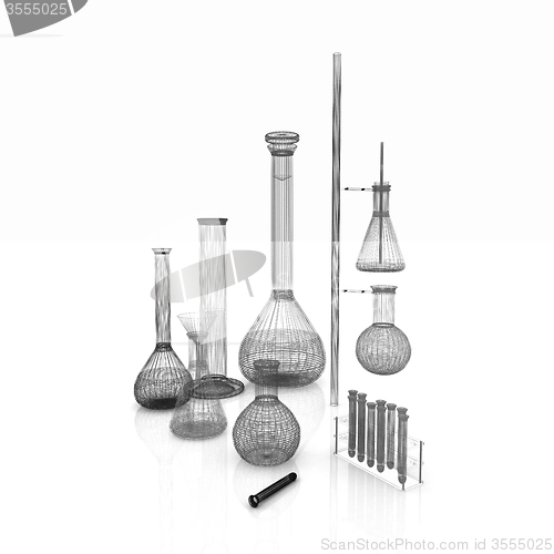 Image of Chemistry set, with test tubes, and beakers filled with colored 