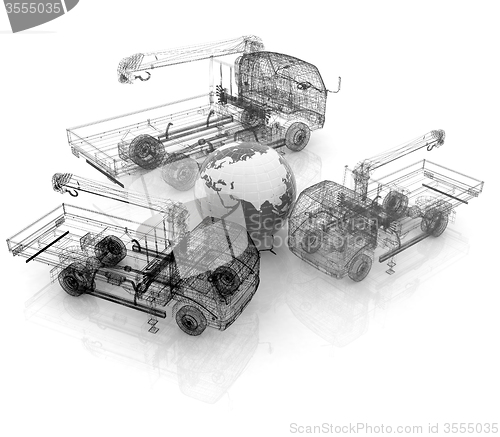 Image of 3d model truck and Earth. Global concept