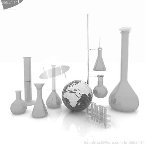 Image of Chemistry set, with test tubes, and beakers filled with colored 