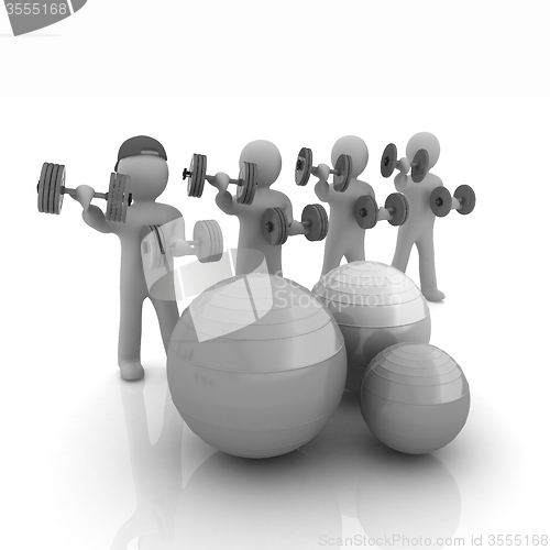 Image of 3d mans with fitness balls and dumbells