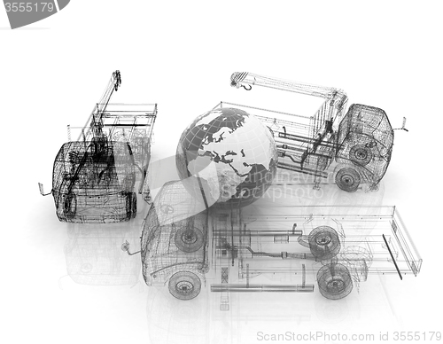 Image of 3d model truck and Earth. Global concept