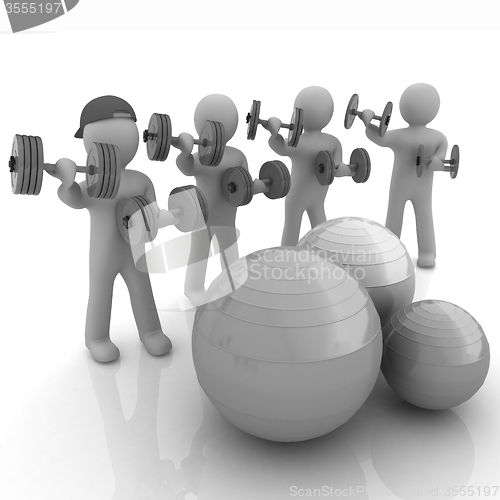 Image of 3d mans with fitness balls and dumbells