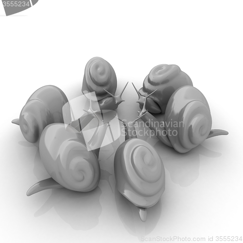 Image of 3d fantasy animals, snails on white background 