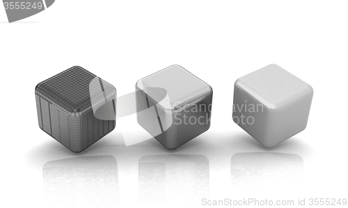 Image of set of all metal cubes of gold, black gold, pink plastic