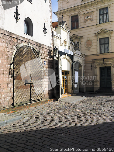 Image of medieval buildings with old wooden door Riga Latvia Europe