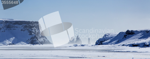 Image of Panorama shot of three pinnacles of Vik, South Iceland   