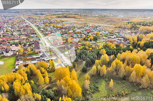 Image of Aerial view onto rural street in autumn. Russia