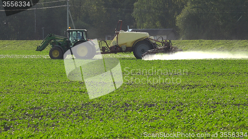 Image of Tractor spray rape seed field with pesticide chemicals in autumn 