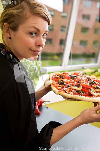 Image of Young Woman with Fresh Pizza