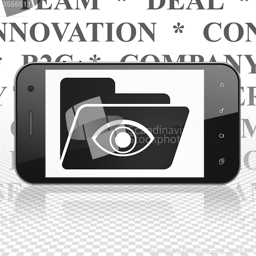 Image of Finance concept: Smartphone with Folder With Eye on display
