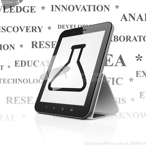 Image of Science concept: Tablet Computer with Flask on display