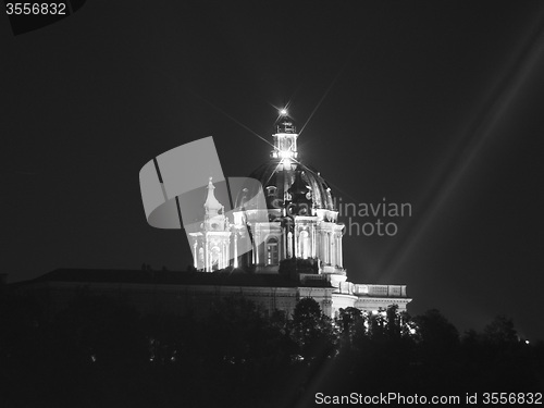 Image of Black and white Basilica di Superga at night in Turin