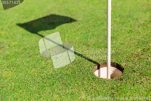 Image of close up of flag mark in hole on golf field