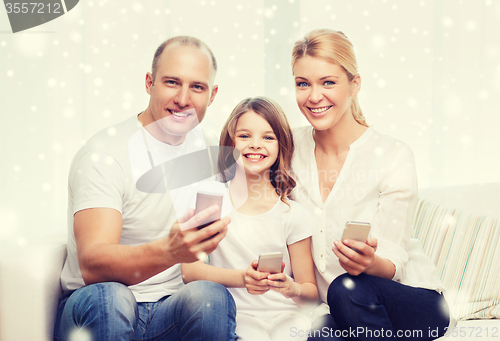 Image of happy family with smartphones at home