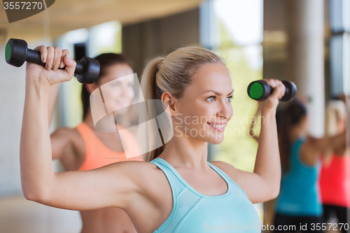 Image of group of women exercising with dumbbells in gym