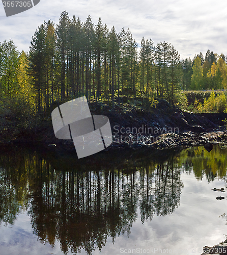 Image of Panorama of small forest lake in the north