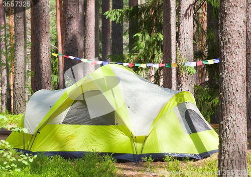 Image of camping outdoor with  tent in woods in summer 