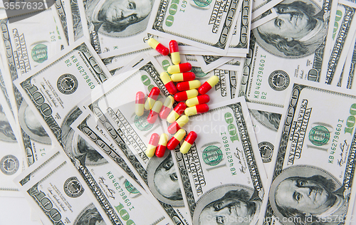 Image of medical pills or drugs and dollar cash money