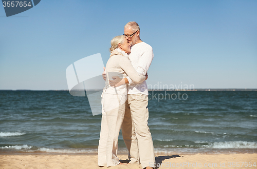 Image of happy senior couple hugging on summer beach