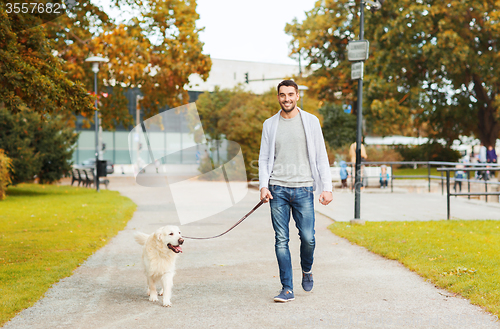 Image of happy man with labrador dog walking in city park