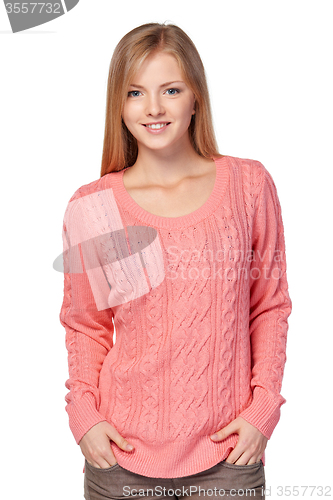 Image of Woman in pink sweater