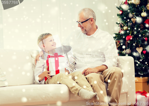 Image of smiling grandfather and grandson at home