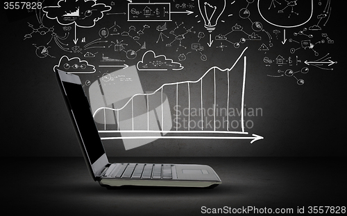 Image of open laptop computer with scheme and chart doodles