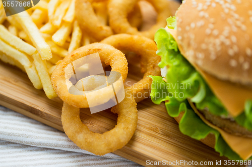 Image of close up of fast food snacks on table