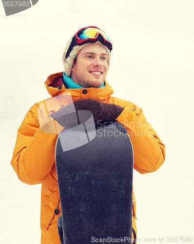 Image of happy young man in ski goggles outdoors