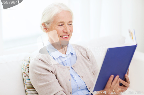 Image of happy smiling senior woman reading book at home