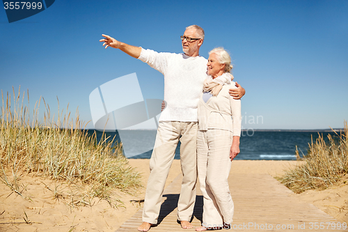 Image of happy senior couple on summer beach
