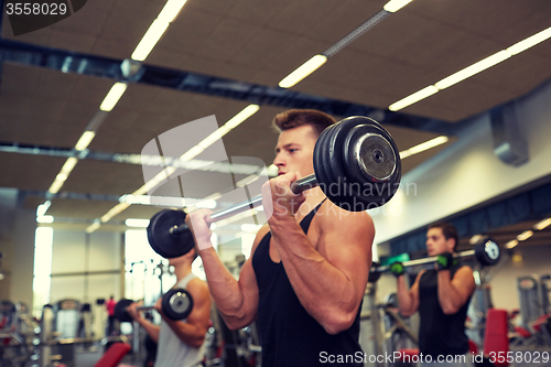 Image of young men flexing muscles with barbells in gym