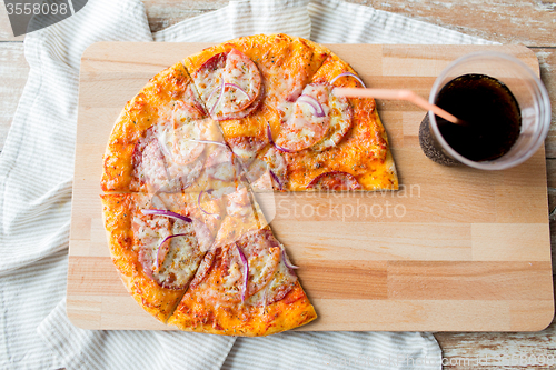 Image of close up of pizza with coca cola on table