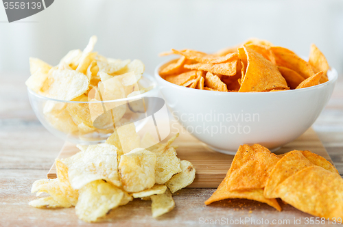 Image of close up of potato crisps and nachos in glass bowl