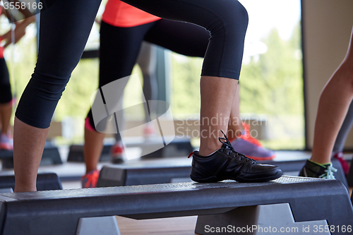 Image of close up of women exercising with steppers in gym