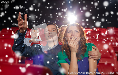 Image of happy couple watching movie in theater