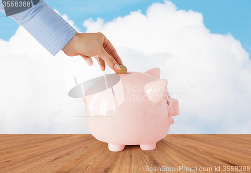 Image of close up of hand putting coin into piggy bank