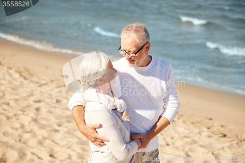 Image of happy senior couple hugging on summer beach