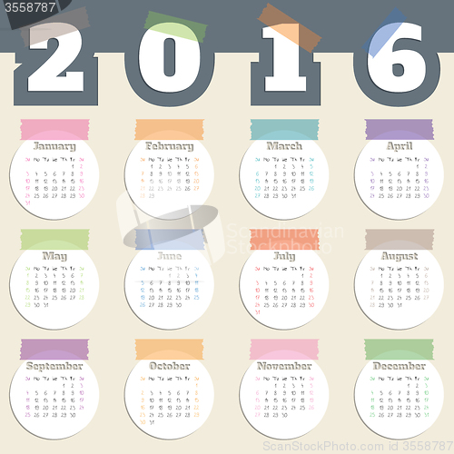 Image of Cool calendar with color tapes and white circles for year 2016