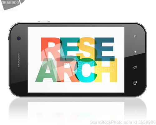 Image of Advertising concept: Smartphone with Research on  display