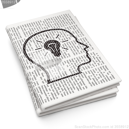 Image of Studying concept: Head With Lightbulb on Newspaper background