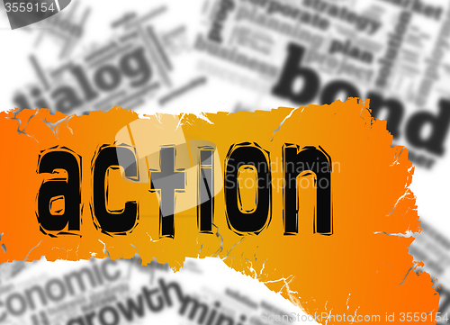 Image of Word cloud with action word on yellow and red banner