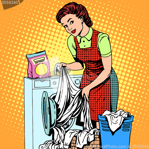 Image of woman washes clothes washing machine