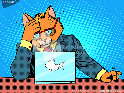 Image of Business cat works for a laptop
