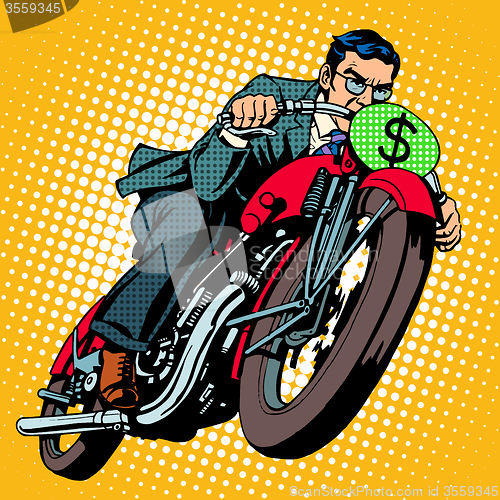 Image of Businessman on a motorcycle. Financial success