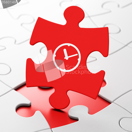 Image of Timeline concept: Clock on puzzle background