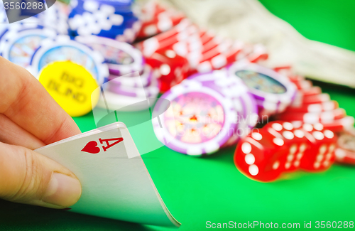 Image of Card for poker in the hand, chips and card for poker